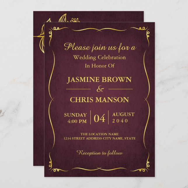  Modern Elegant Burgundy And Gold Wedding Invitati Invitation (Front/Back)