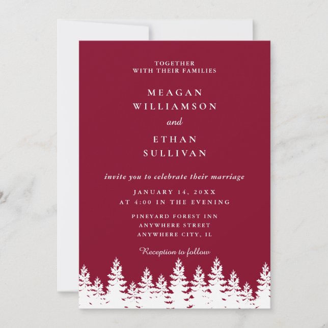 Modern Elegant Burgundy and White Winter Wedding  Invitation (Front)