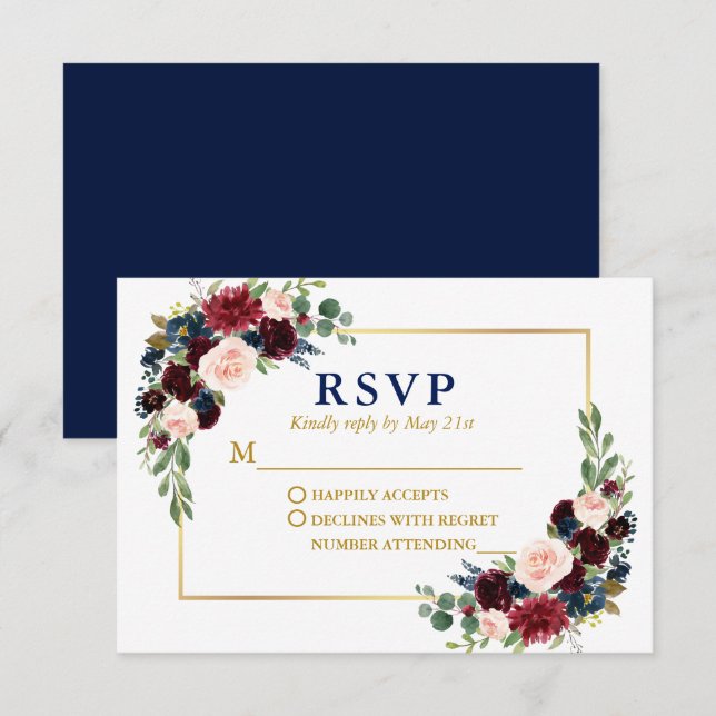 Modern Elegant Burgundy Blue Floral Gold Wedding  RSVP Card (Front/Back)