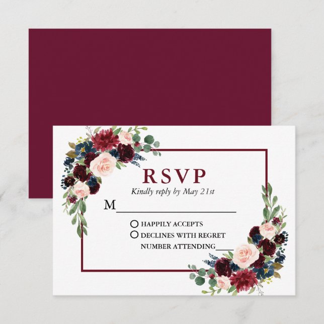 Modern Elegant Burgundy Blue Floral Wedding RSVP Card (Front/Back)