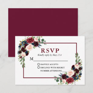 Modern Elegant Burgundy Blue Floral Wedding RSVP Card