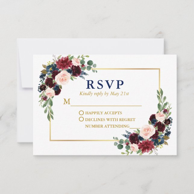 Modern Elegant Burgundy Floral Blue Wedding Gold RSVP Card (Front)