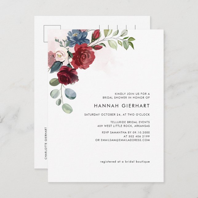 Modern Elegant Burgundy Floral Bridal Shower Invitation Postcard (Front/Back)