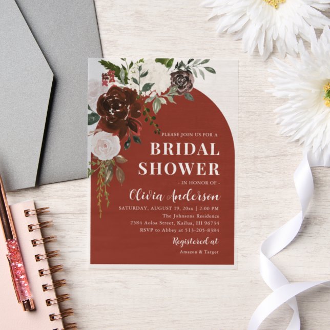 Modern Elegant Burgundy Floral Bridal Shower Vellum Invitations (Wedding)