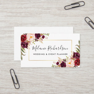 Modern Elegant Burgundy Floral Gold Frame Business Card