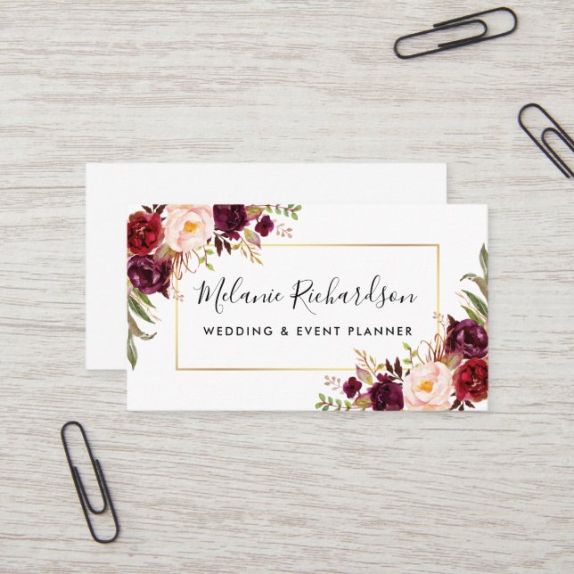 Modern Elegant Burgundy Floral Gold Frame Business Card (Front/Back In Situ)