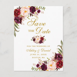 Modern Elegant Burgundy Floral Gold Save the Date Announcement Postcard