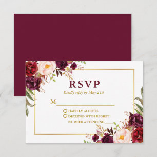 Modern Elegant Burgundy Floral Gold Wedding RSVP Card