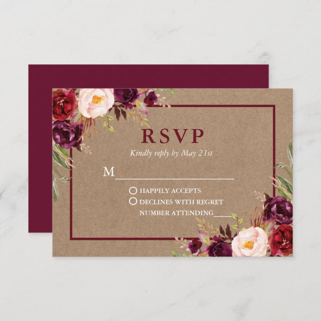 Modern Elegant Burgundy Floral Kraft Wedding RSVP Card (Front/Back)