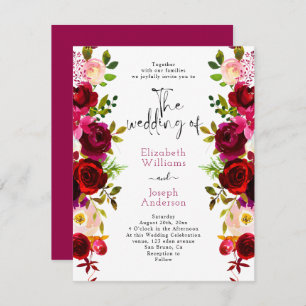 Modern Elegant Burgundy Floral Roses Pink Wedding  Invitation