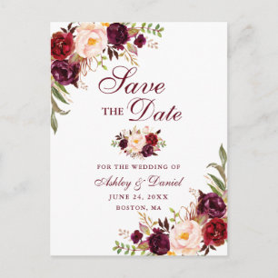 Modern Elegant Burgundy Floral Save the Date Announcement Postcard