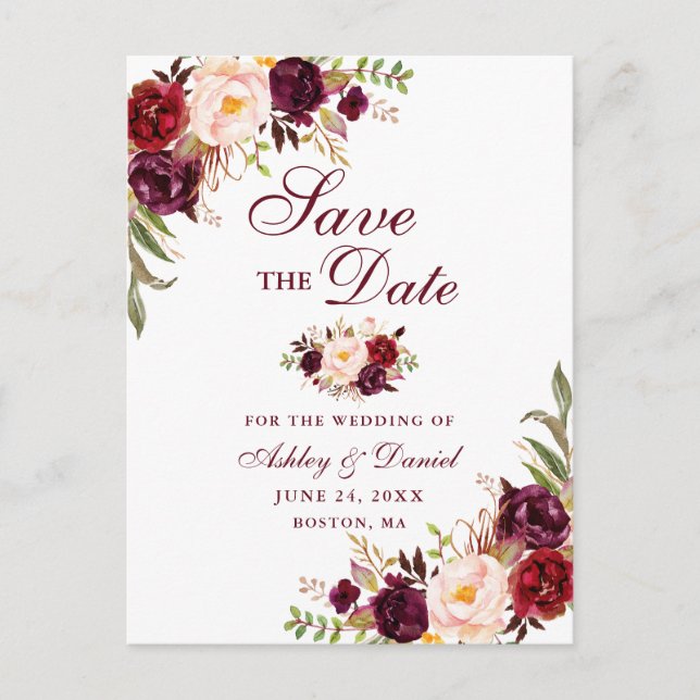 Modern Elegant Burgundy Floral Save the Date Announcement Postcard (Front)