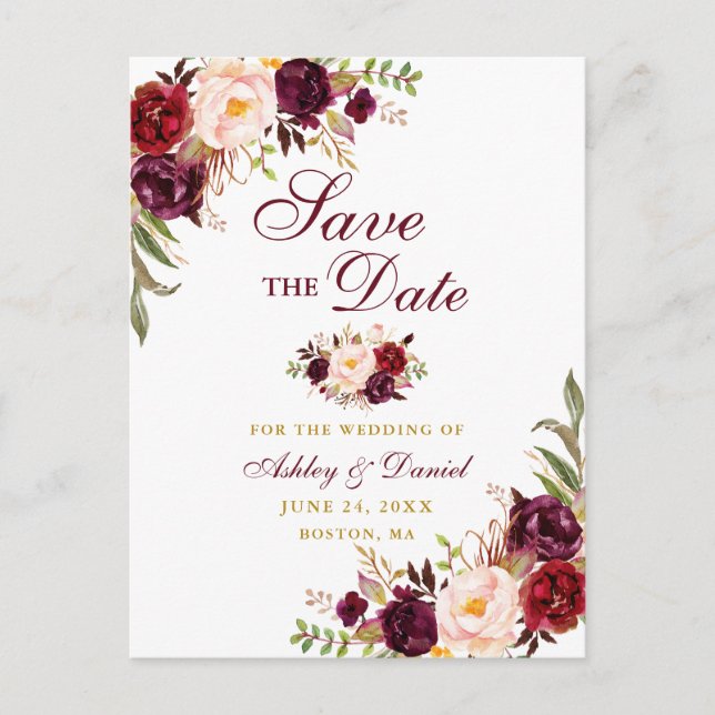 Modern Elegant Burgundy Floral Save the Date Gold Announcement Postcard (Front)