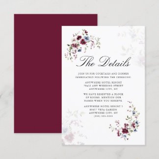 Modern Elegant Burgundy Floral Wedding Details Enclosure Card
