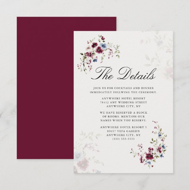 Modern Elegant Burgundy Floral Wedding Details Enclosure Card (Front/Back)