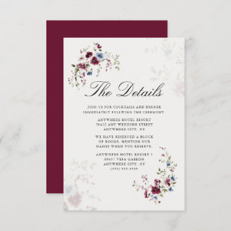 Modern Elegant Burgundy Floral Wedding Details Enclosure Card