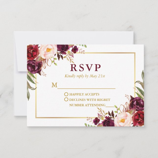 Modern Elegant Burgundy Floral Wedding Gold RSVP Card (Front)