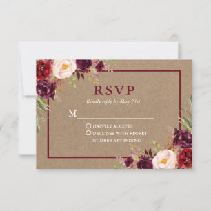 Modern Elegant Burgundy Floral Wedding Kraft RSVP Card