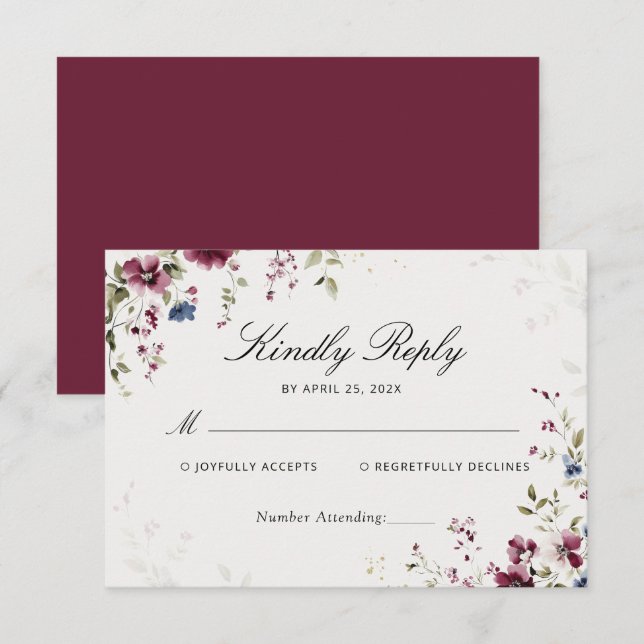 Modern Elegant Burgundy Floral Wedding RSVP (Front/Back)