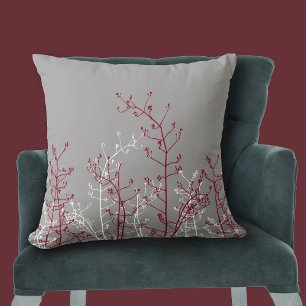 Modern Elegant Burgundy Flowers on Grey Cushion