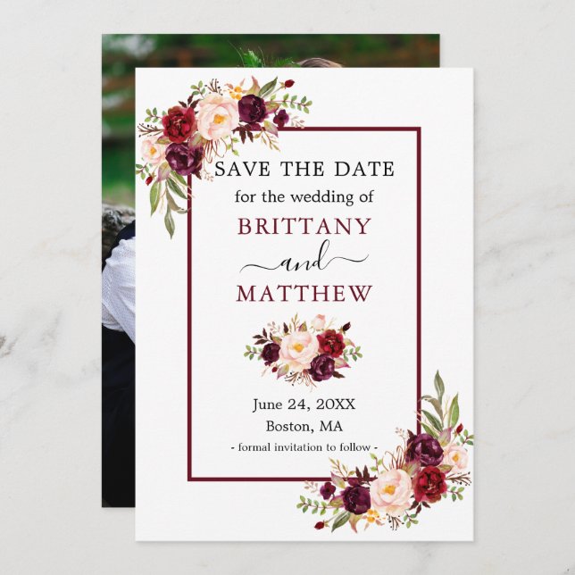 Modern Elegant Burgundy Frame Floral Photo Save The Date (Front/Back)