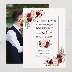 Modern Elegant Burgundy Frame Floral Photo Save The Date
