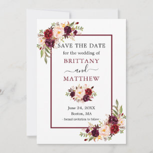 Modern Elegant Burgundy Frame Floral Save The Date