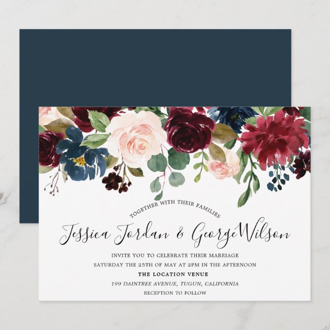 Modern Elegant Burgundy Garden Fall wedding Invite (Front/Back)