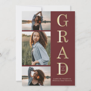 Modern Elegant Burgundy Gold 3 Photo Graduation Announcement