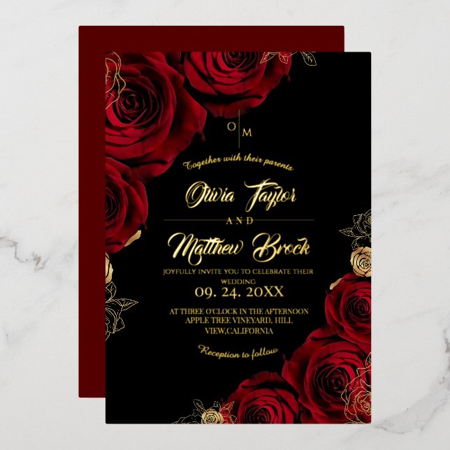 Modern Elegant Burgundy Gold Roses Wedding (Front/Back)