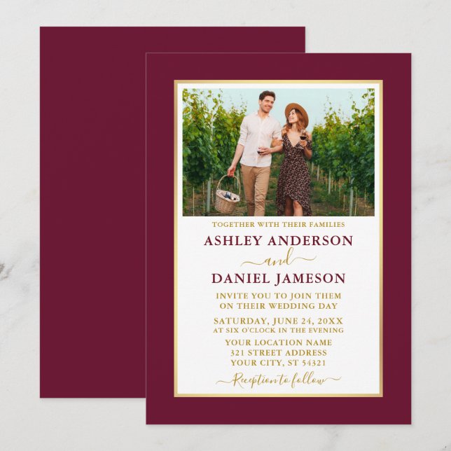 Modern Elegant Burgundy Gold Wedding Invitation (Front/Back)