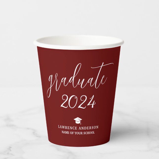 Modern Elegant Burgundy Graduate 2024 Graduation Paper Cups (Front)