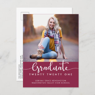 Modern Elegant Burgundy Graduation Script Photo Announcement Postcard