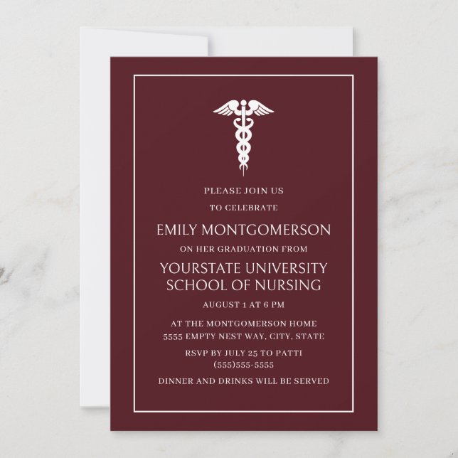 Modern Elegant Burgundy Nursing School Graduate In Invitation (Front)