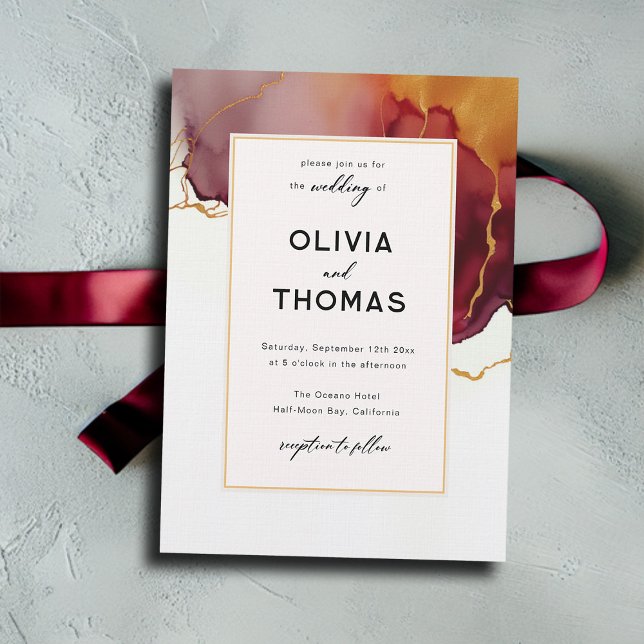 Modern Elegant Burgundy Orange Gold Fall Wedding Invitation (burgundy orange fall wedding invitation minimalist modern typography elegant calligraphy romantic)