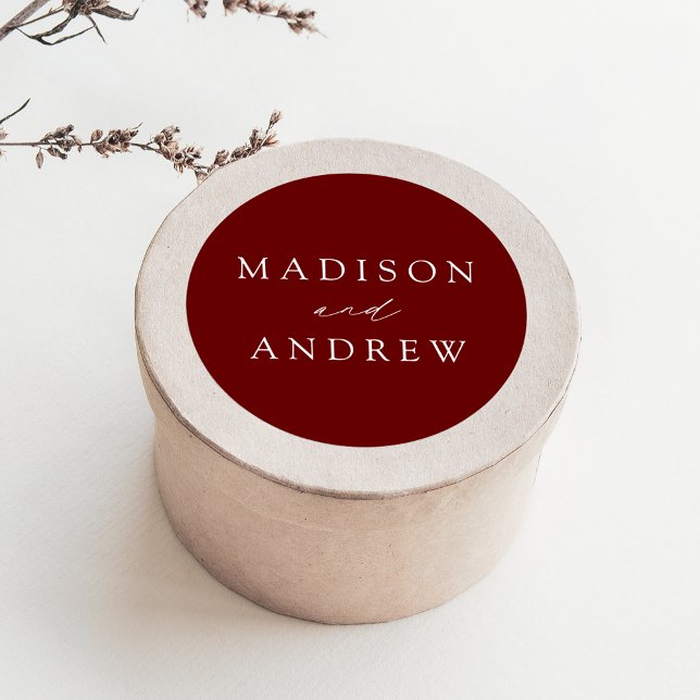 Modern Elegant Burgundy Personalised Wedding Classic Round Sticker (Creator Uploaded)