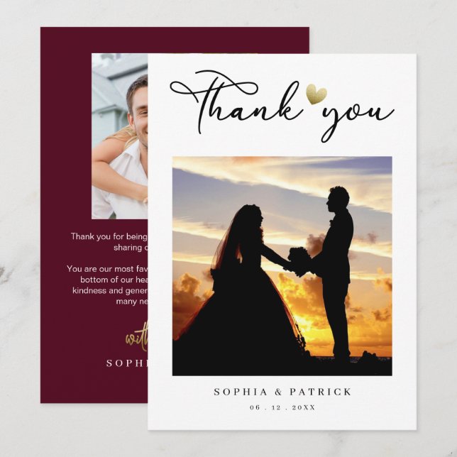 Modern Elegant Burgundy Photo Wedding Thank You Card (Front/Back)