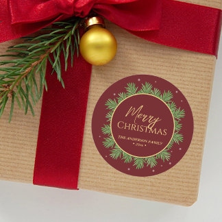 Modern Elegant Burgundy Red Christmas Botanical Classic Round Sticker