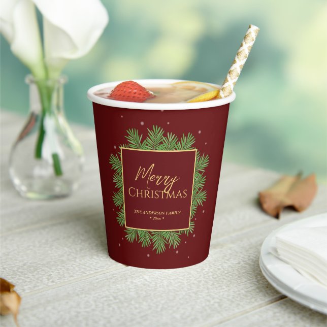 Modern Elegant Burgundy Red Christmas Botanical Paper Cups (Insitu)