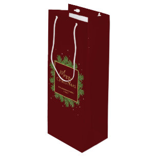 Modern Elegant Burgundy Red Christmas Botanical Wine Gift Bag