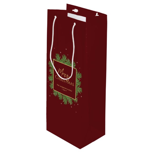 Modern Elegant Burgundy Red Christmas Botanical Wine Gift Bag (Front Angled)