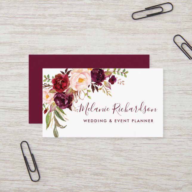 Modern Elegant Burgundy Watercolor Floral Business Card (Front/Back In Situ)
