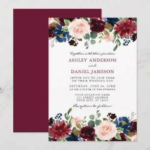 Modern Elegant Burgundy Watercolor Floral Wedding Invitation