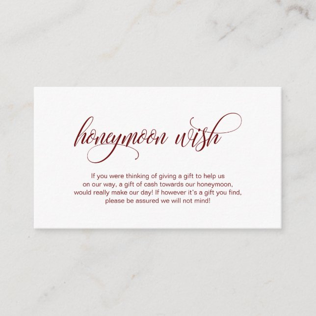 Modern elegant Burgundy, Wedding Honeymoon Wish Enclosure Card (Front)