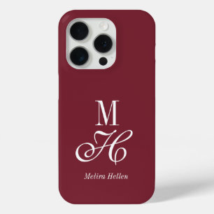 Modern Elegant Burgundy White Monogram Name iPhone 15 Pro Case