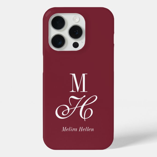 Modern Elegant Burgundy White Monogram Name Case-Mate iPhone Case (Back)