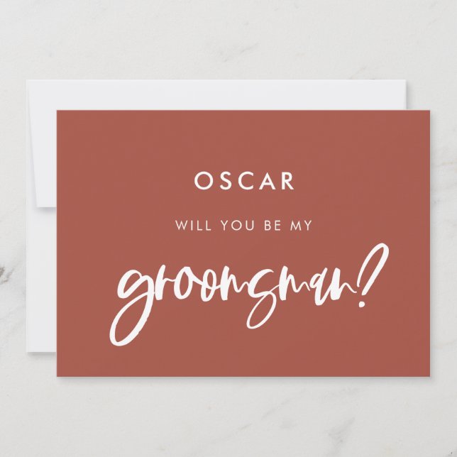 Modern elegant burnt brick groomsman proposal card (Front)