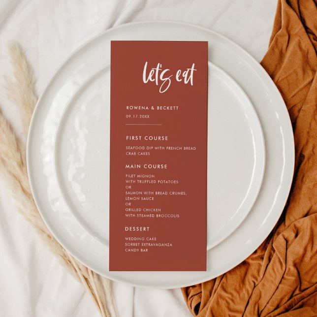 Modern elegant burnt brick Let's eat wedding Menu (Creator Uploaded)