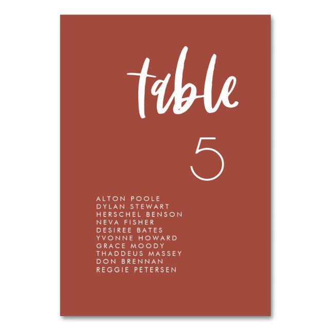 Modern elegant burnt brick seating chart cards (Front)