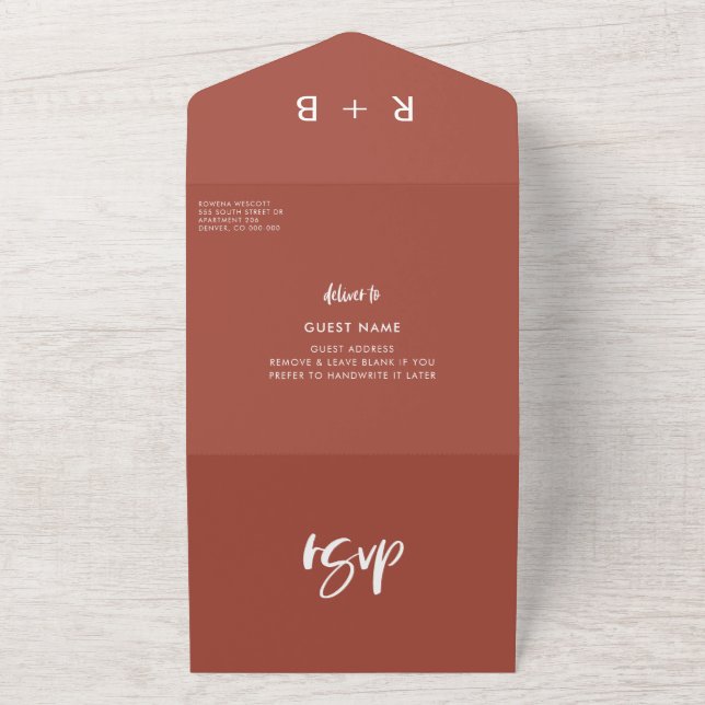 Modern elegant burnt brick wedding all in one invitation (Outside)